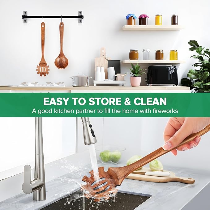 Wooden Spoons for Cooking,2 Pcs Wooden Utensil Set of Soup Ladle &Spaghetti Pasta Spoon with Teeth, Teak Wood Soup Ladle&Slotted Pasta Fork Strainer Spoon Set for Serving Collecting Noodle Gravy Sauce