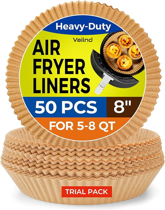 Air Fryer Liners Disposable - 50 PCS 8 Inch Air Fryer Parchment Paper Round, Non-Stick Food Grade Paper Liner for Baking Roasting Microwave