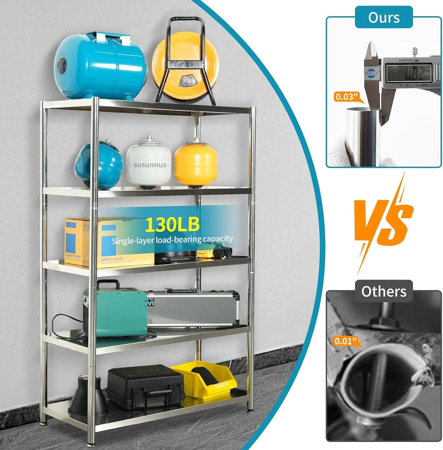 Susunnus Stainless Steel Shelves Heavy Duty Shelving Metal Shelving Units and Storage Kitchen Industrial Storage Rack (24.8in*15.8in-5T)