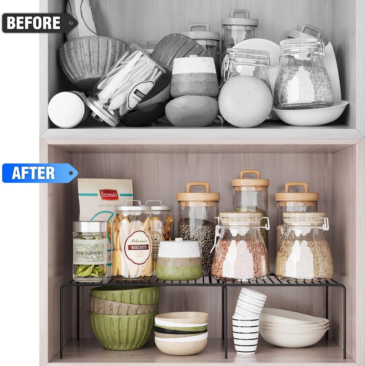 Expandable Storage Shelf, Pantry Organizers and Storage, Adjustable Rustproof Metal Wire Spice Rack, Space Saver Kitchen Storage Shelves for Pan, Pot, Countertop, Drawer, Fridge, Set of 2, Black