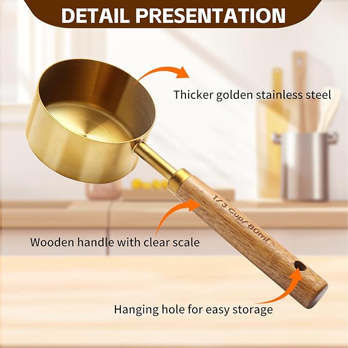 4 Piece gold measuring cups set，Golden Stainless Steel Measuring Cup and spoons set with Wooden Handle for Food/Liquid/Baking in the Kitchen