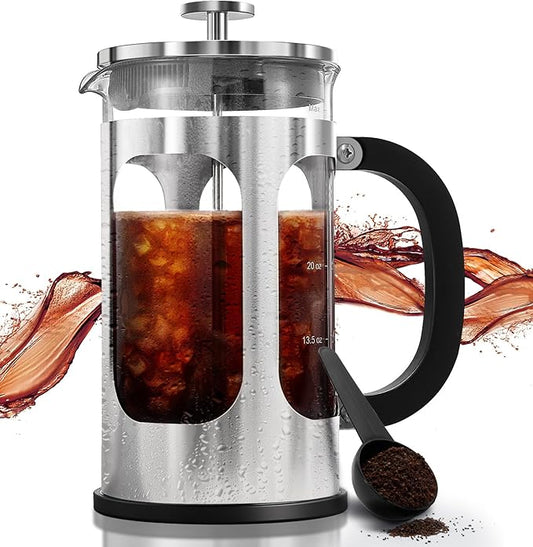 BAYKA 34oz French Press Cold Brew Coffee Maker, Heat and Cold Resistant Thickened Borosilicate Glass Stainless Steel Press Percolators, Iced Tea Pot Pitcher for Kitchen Travel Camping,1 Liter,Silver