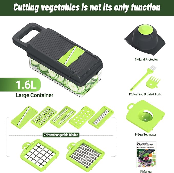 12-in-1 Vegetable Chopper, 7 Blades Veggie Chopper with Container and Lid, Dicer, Slicer, Multifunctional Kitchen Gadgets, Vegetable Cutter with Handle, Onion Cutter(Green/Grey)