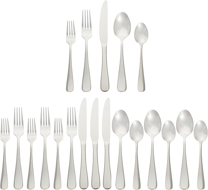 Amazon Basics Silverware Set, Stainless Steel Flatware, Dishwasher Safe, Service for 4, 20-Piece Forks and Spoons, Round Edge