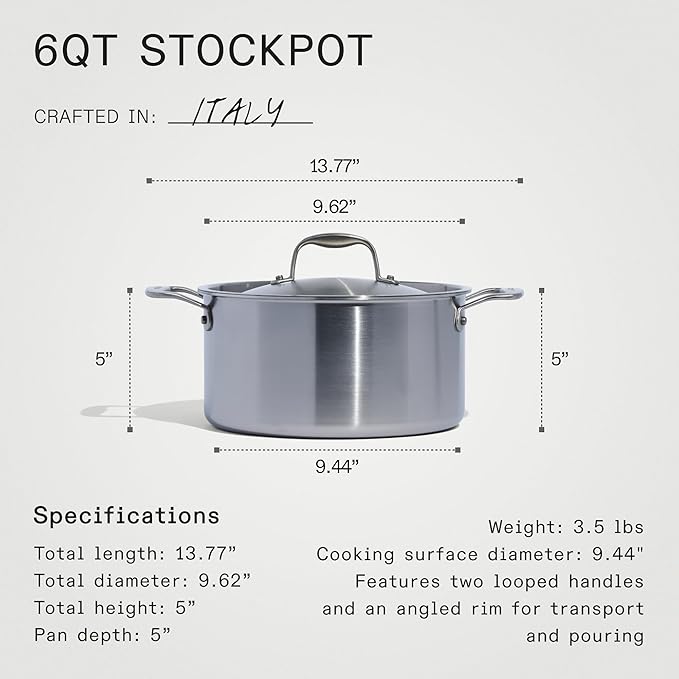 Made In Cookware - 6 Quart Stainless Steel Stock Pot With Lid - 5 Ply Stainless Clad - Professional Cookware - Crafted in Italy - Induction Compatible