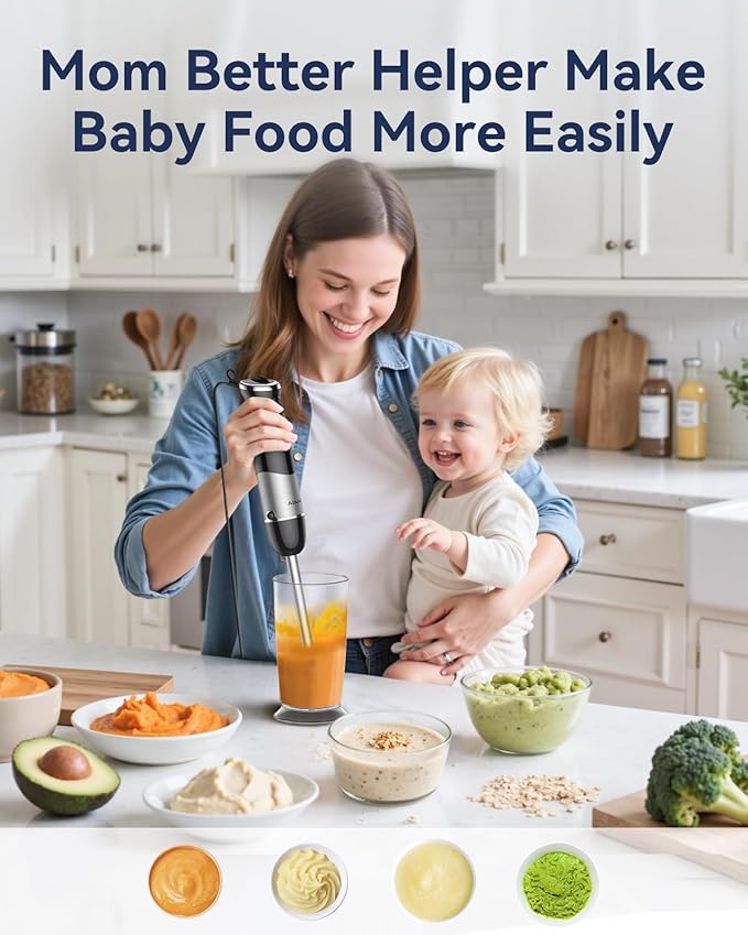 Immersion Blender Handheld 1000W 5 in 1 Corded Stick Hand Blender Kitchen with 12 Speed, BPA-Free, Mixing Beaker, Chopper, Whisk, Milk Frother, Perfect Emulsifier for Soup, Baby Food, Sauce, Puree