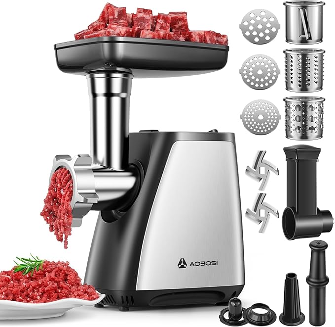 AAOBOSI Meat Grinder, 4-In-1 Meat Grinder Electric [2800W Max] with 3 Slice, Shred Blades,2 Blades,3 Plates,Sausage Stuffer,Kubbe Kit, for Home Kitchen Use, Stainless Steel