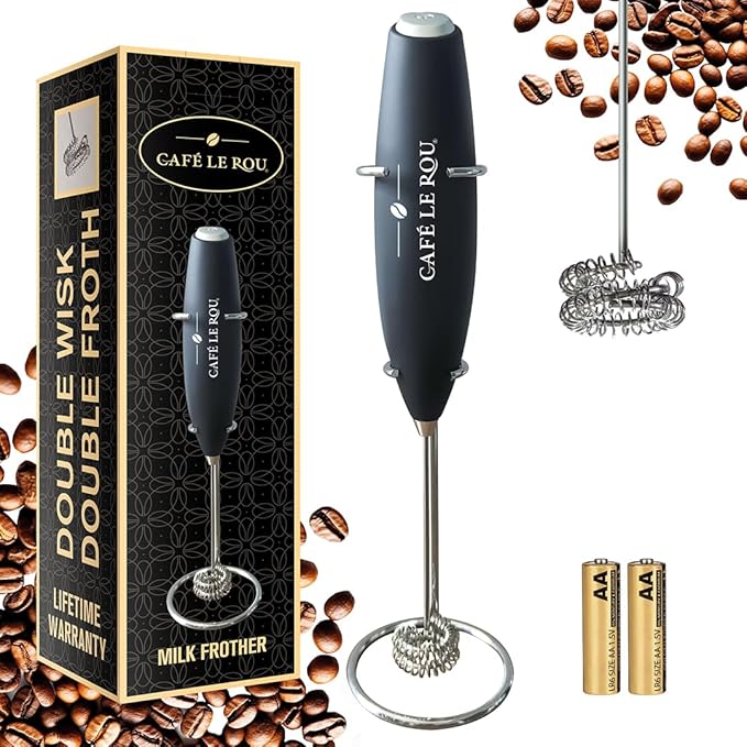 Cafe le Rou Milk Frother Handheld Battery Operated - Double Whisk with Stand. Batteries included. Electric Foam Maker, Drink Mixer with Stainless Steel Whisk