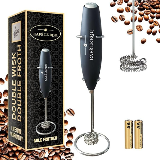 Cafe le Rou Milk Frother Handheld Battery Operated - Double Whisk with Stand. Batteries included. Electric Foam Maker, Drink Mixer with Stainless Steel Whisk