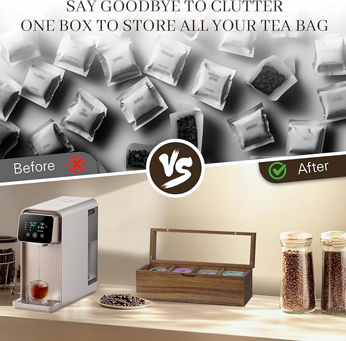 Acacia Wood Tea Bag Organizer, 4 Compartments Tea Box Organizer Storage Box, Teabag Holder Organizers with Clear Acrylic Window, Magnetic Lid and Removable Dividers