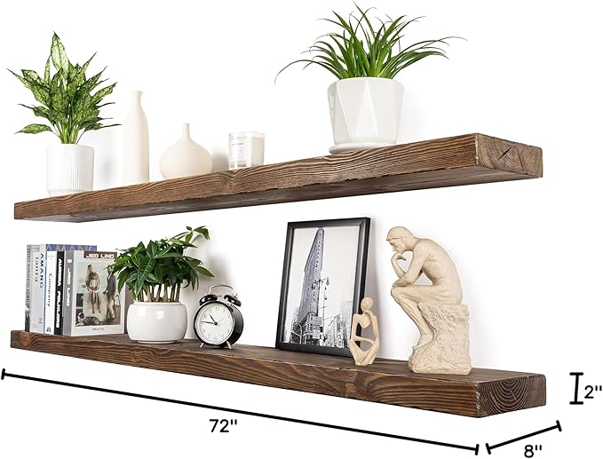 Floating Shelves 72 inch Long 8 "deep Set of 2, Heavy Duty Wood Wall Mounted Shelves for Bathroom Living Room Kitchen,Book Shelves with Thickened Hidden Bracket-Distressed Walnut