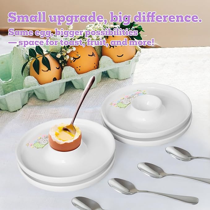Cinf EggHolder & Spoon Set 4 Ceramic Egg Holders + 4 SS Spoons Breakfast Plate Easter Rabbit 5.5'' Food Container Egg Tray Dinner Serving for Hard Boiled Eggs, Easter & Deserts Kitchen