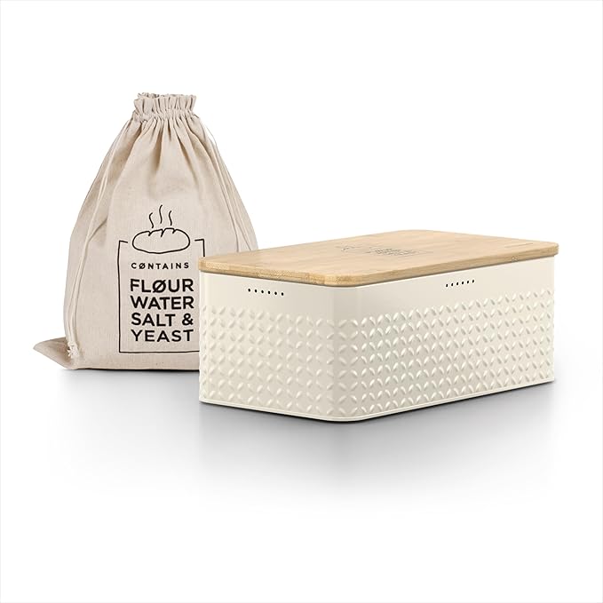 LARS NYSØM Bread Box I Metal Box with linen bag for long lasting freshness I Bread Bin with bamboo lid usable as cutting board I 13.4x7.3x5.3In (Almond Beige)