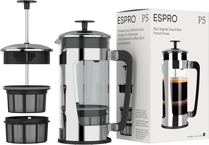ESPRO - P5 French Press Coffee Maker – Patented Double Microfilter for Sludge and Grit Free Coffee, Black, 32 oz