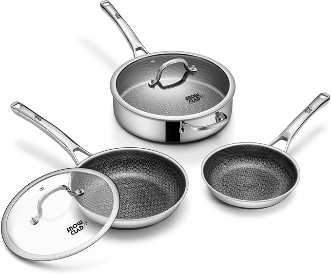 Frying Pans Nonstick Set with Lid,Hybrid Non Stick 5 Quart Saute pan,10 inch Skillet,8 inch Skillet PFOA Free Cookware,Stainless Steel skillet,Deep Saute Pan,Dishwasher Safe,Works on All Cooktops