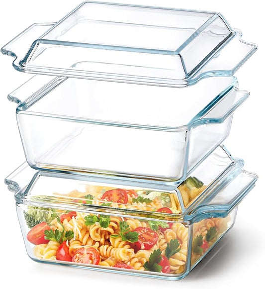 Set of 2 Glass Casserole Dish With Glass Lid, Square 6in x 6in Glass Baking Dish Oven Safe, Mini Casserole Dish with Lid