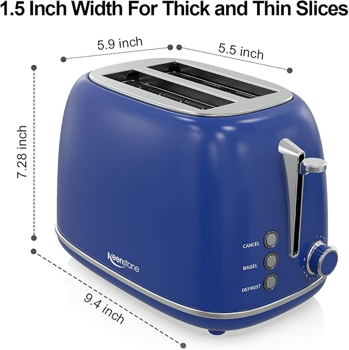 Keenstone Retro 2-Slice Stainless Steel Toaster - Bagel, Cancel, Defrost Functions, Extra Wide Slots, High Lift Lever, 6 Shade Settings, Removable Crumb Tray, Dark Blue
