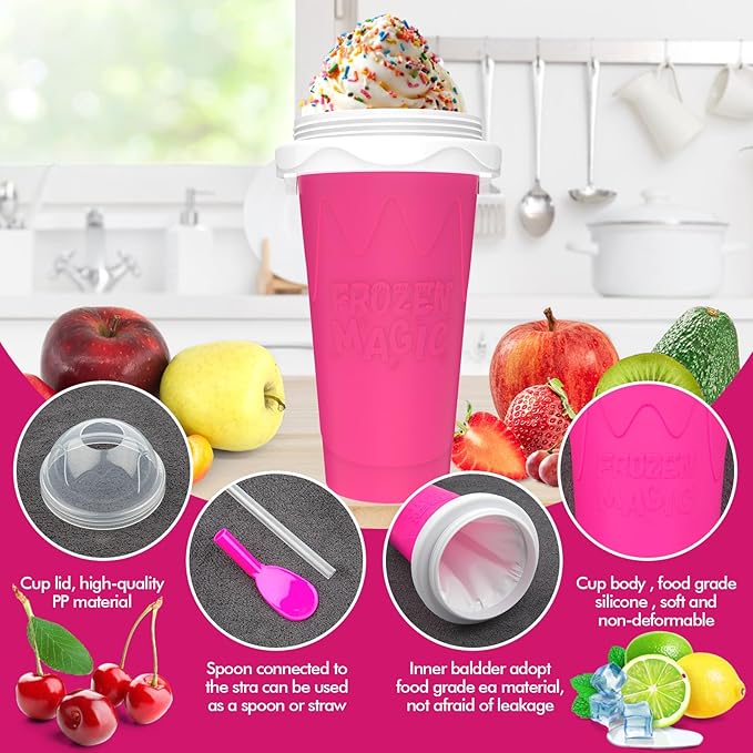 2PCS Slushie Maker Cup, Quick Frozen Magic Cups for Homemade Milk Shake Ice Cream Maker, Double Layer Squeeze Slushy Maker Cup, Birthday Gifts for Kids,Friends,Family (Pink+Green, 350ML)