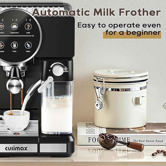 CUSIMAX Espresso Machine for Home, 20 Bar Expresso Coffee Machine,One-touch Control,Automatic Milk Frother,Compact Black Stainless Steel Cappuccino Machine,Ideal for Offices and Homes