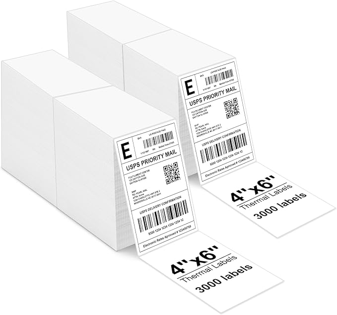 Bulk 4x6 Thermal Labels - 6000 Adhesive Labels | Smudge-Resistant & BPA-Free | Thermal Printer Compatible