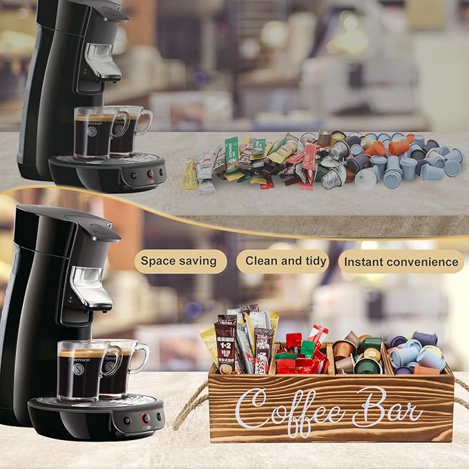 Wooden Coffee Pod Holder Coffee Station Organizer for Countertop Kcup Storage with Removable Dividers Bar Accessories Table Decor Tea Condiment Storage Box