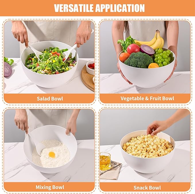 Salad Bowl with Lid, 12" Extra Large Bamboo Fiber Salad Bowl with Servers Set for Kitchen, Nature Bamboo Mixing and Serving Bowl with Lid, Spoon and Fork for Fruits,Salads and Vegetables