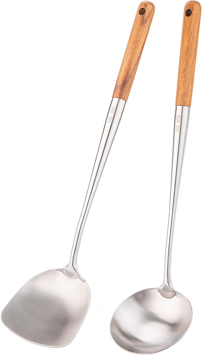 FJNATINH Wok Spatula and Ladle Tool Set, 17inches Spatula for Wok, 304 Stainless Steel Spatula Soup Ladle