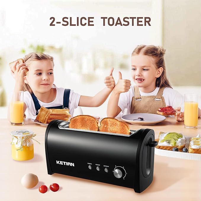 Long Slot Toaster 2 Slice,Cancel Reheat Defrost Functions,Removable Crumb Tray,6 Browning Settings,Extra Wide Long Slots,Stainless Steel,Black