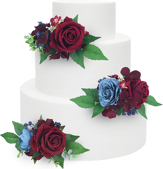 Rinlong 3Pcs Pre-made Cake Toppers - Flowers for Christmas, Wedding, Baptism - Burgundy, Navy Xmas Cake Decorations