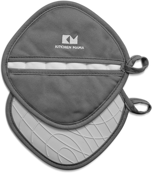 Kitchen Mama Silicone Pot Holders - Heat Resistant, Non-Slip Surface, Dual Pocket Design with Soft Cotton Lining, Safe, Durable, Stylish, Practical for Everyday Use Hot Oven, Bowl, Pan (Metal Gray)