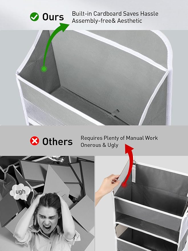 Yecaye 1 Pc Over the Door Organizer with 5 Bins 10 Side Pockets, 44lbs Load Hanging Bathroom and Bedroom Organizer, behind the Door Hanging Organizers for Nursery Newborn Baby Essential Stuff Grey