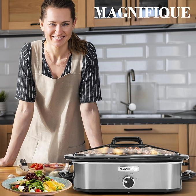 Magnifique 4-Quart Slow Cooker with Casserole Manual Warm Setting - Perfect Kitchen Small Appliance for Family Dinners, Dishwasher Safe Crock, Stainless Steel