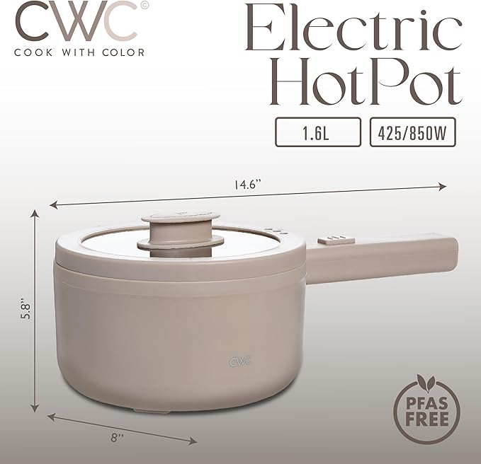 COOK WITH COLOR Electric Hot Pot, 1.6L Mini Cooker, 700W Power, Non-Stick Surface, Thermal Cut-Out Protection, Perfect for Rice, Noodles, Soups, Stews, Dorms, Apartments, and Small Kitchens, Goat/Mink