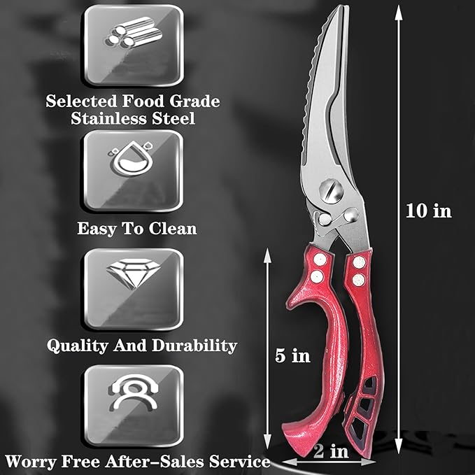 Heavy Duty Kitchen Shears by ANDONG, Kitchen Scissors,Stainless Steel Poultry Shears Heavy Duty Professional, Red