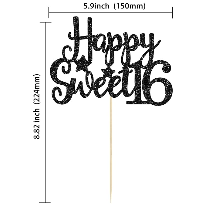 Gyufise 1Pc Happy Sweet 16 Cake Topper Glitter 16th Birthday Cake Pick for Cheers to 16 Years Old 16th Birthday Party Cake Decorations Supplies Black