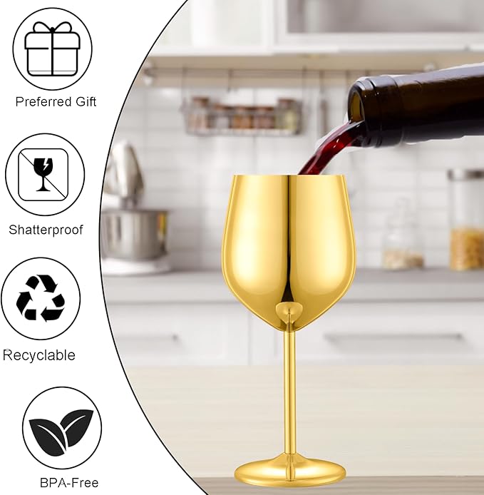 Stainless Steel Wine Glasses Set of 2, 18 oz Unbreakable Gold Wine Glass Unique Metal Wine Goblets for Outdoor Capming and Pool Gift for Wine Lovers