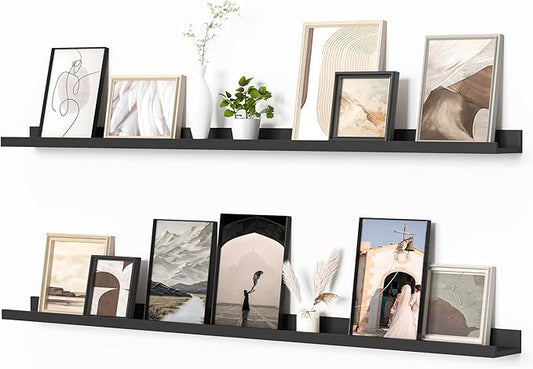Heimlove Picture Ledge Shelf, Floating Shelves Set of 2, 56 Inches Picture Shelf for Wall with Ledge, Kids Bookshelf Wall Mounted for Living Room Bedroom Decor Books Photo Frames, Black