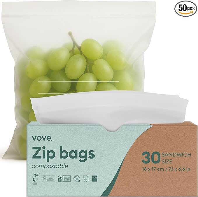 Vove Compostable Zip Bags | 30-Pack Sandwich Size | Biodegradable Food Storage | PLA & PBAT Eco-Friendly | Zero Waste Kitchen | Plastic-Free | FSC & DIN Certified