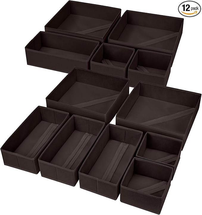 DIMJ Drawer Organizer Clothes, 12 Pack Underwear Organizer, Foldable Closet Organizers, Sock Organizer Bra Organizer, Fabric Dresser Organizer for Clothes, Bra, Socks, Tie (Brown)