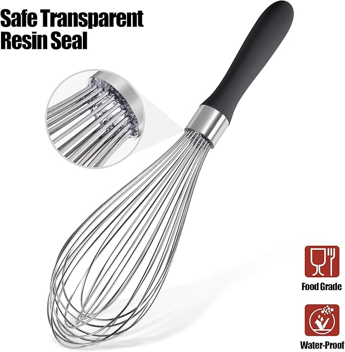 18/8 Stainless Steel Balloon Whisk, Doosu Kitchen Whisk for Cooking Handheld Egg Beater with Rust-Proof Sturdy Wires & Non-Slip Silicone Handle for Beating, Stirring, Blending (12 Wires, Black)