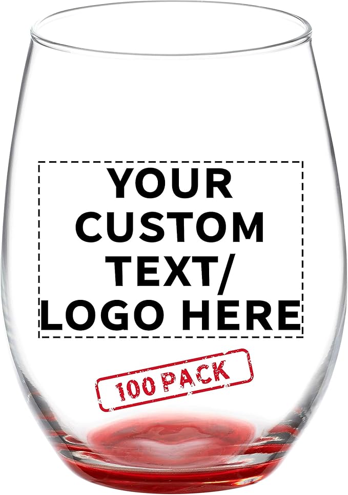 DISCOUNT PROMOS 100 ARC Stemless Wine Glasses Set, 21 oz. - Customizable Text, Logo - Chardonnay, Cabernet, Merlot, Sauvignon - Red