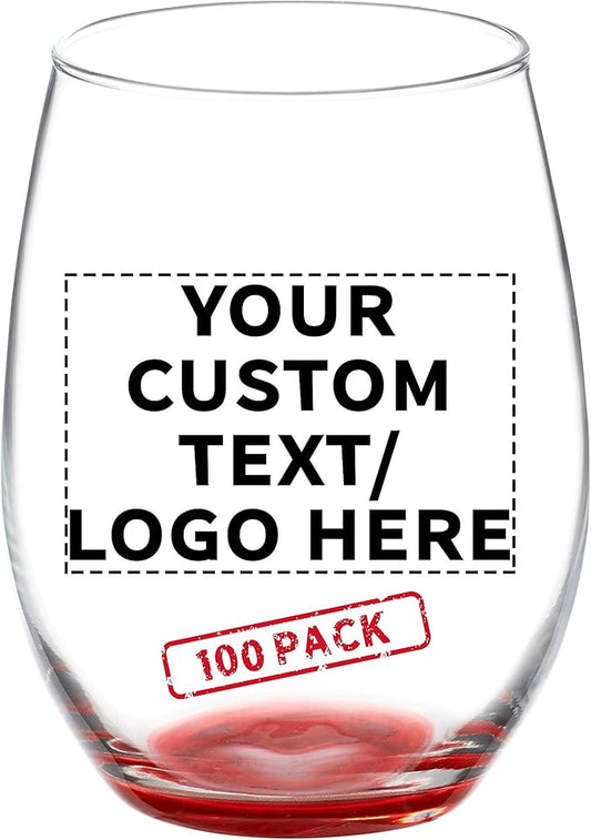 DISCOUNT PROMOS 100 ARC Stemless Wine Glasses Set, 21 oz. - Customizable Text, Logo - Chardonnay, Cabernet, Merlot, Sauvignon - Red