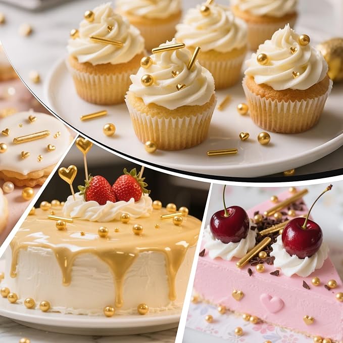 Gold Pearl Heart Sprinkles, Pearls Sprinkles For Cake Decorating, 150g/5.29oz Mix Size Sugar, Donuts, Cakes, Ice Cream, Mother's Day, Valentine's Day, Wedding Party, Christmas Supplies