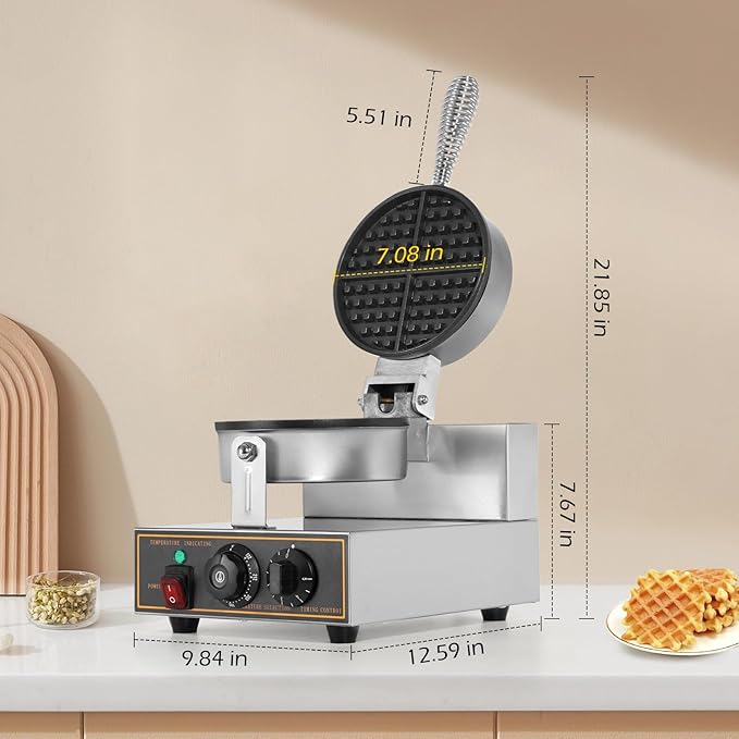 Dyna-Living Waffle Maker Commercial Waffle Iron Machine, 1200W Non-stick Round Commercial Waffle Maker for Restaurant, Food-grade Stainless Steel Large Commercial Waffle Iron