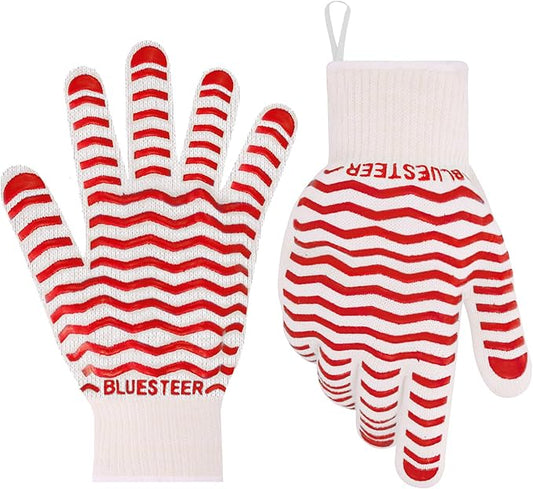 Oven Gloves 932°F Heat Resistant Oven Mitts with Fingers, Heat Proof BBQ Grill Gloves Silicone Grip Fireproof Gloves for Kitchen Cooking Grilling Baking
