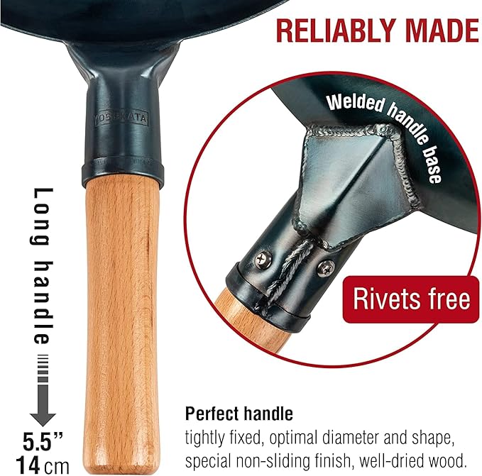 YOSUKATA 14” Round Bottom Carbon Steel Wok Pan – Blue Pre-Seasoned Pow Wok for Stir Fry, BBQ, Grill & Camping – Traditional Japanese & Chinese Cookware – Compatible with Gas Stoves & Open Fire Only