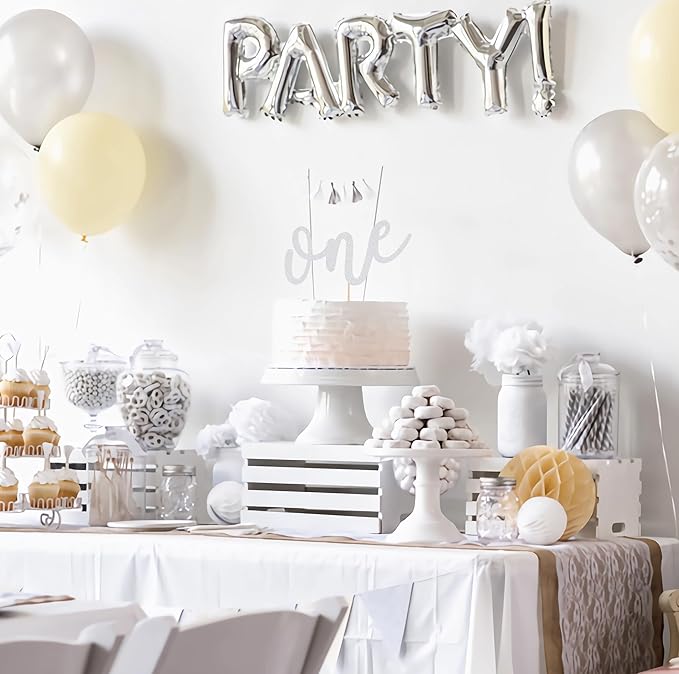 First Birthday Cake Topper - Silver Glitter One Cake Decorating Supplies for Girls and Boys, Perfect for Baby Shower/Gender Revealing Party/Baby Party Photo Booth Props