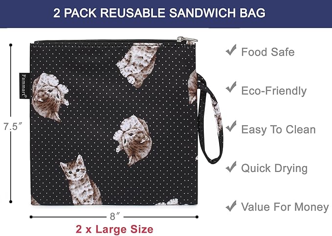 Reusable Sandwich Bag/Snack Bag for Kids & Adults, Dual Layer Lunch Bag with Handle, Washable, Food Safe, BPA Free (2-Pack, Dot&Cat)