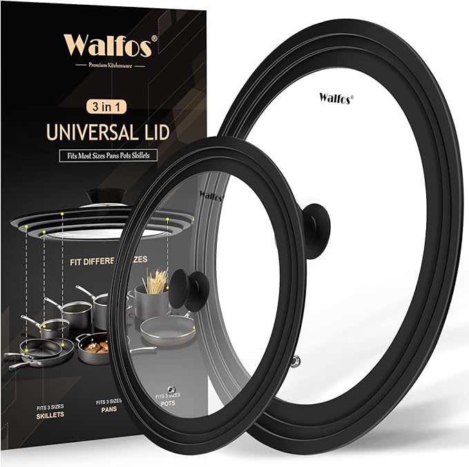 Walfos Universal Lids for Pots, Pans and Skillets - Tempered Glass with Heat Resistant Silicone Rim, Fits 6.5", 7" and 8" Diameter, 9.5", 10" and 11" Diameter Cookware（2PK）