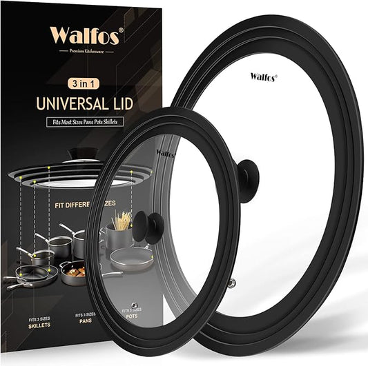 Walfos Universal Lids for Pots, Pans and Skillets - Tempered Glass with Heat Resistant Silicone Rim, Fits 6.5", 7" and 8" Diameter, 9.5", 10" and 11" Diameter Cookware（2PK）